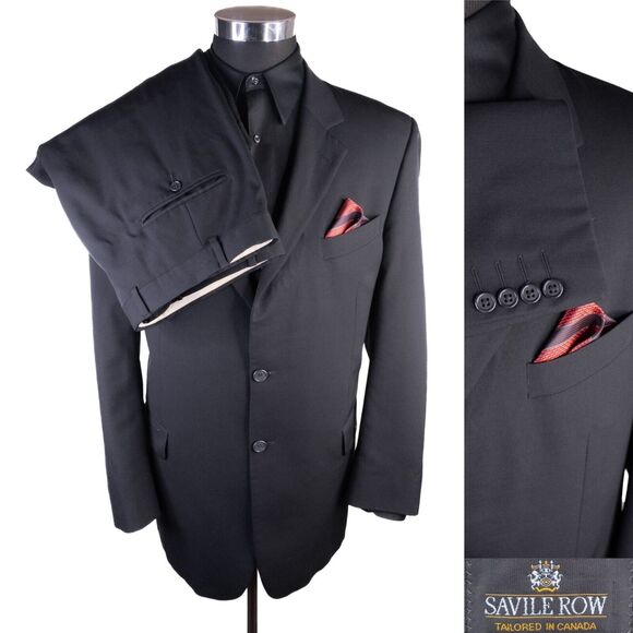 Savile Row 2-Pcs Suit Solid Black Blazer Jacket Pants 42R Short Pants 40X26 - Picture 1 of 16